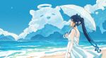  1girl aoki_chiaki bare_shoulders beach blue_sky cloud cloudy_sky commentary cowboy_shot day dress from_side hair_flaps highres holding holding_umbrella hololive hololive_english light_particles looking_afar moon ninomae_ina'nis ocean outdoors parasol pointy_ears ponytail purple_hair sand scenery sky solo summer sundress surf takodachi_(ninomae_ina'nis) tentacle_hair umbrella virtual_youtuber water wide_shot 