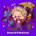  >_< +++ 1boy 2786867956wuyu belt belt_buckle black_belt brown_hair buckle chinese_commentary closed_eyes coat commentary_request crossover fingernails full_body giratina hand_on_own_face highres hydreigon kamen_rider kamen_rider_zeztz_(series) layered_clothes long_sleeves male_focus nail_polish open_mouth pokemon pokemon_(creature) purple_background round_eyewear sharp_teeth short_hair sieg_(kamen_rider_zeztz) simple_background standing sunglasses teeth upper_teeth_only 