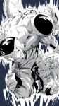  2boys abs alien blue_eyes clenched_teeth commentary_request dragon_ball dragon_ball_z duel frieza full_power_frieza greyscale highres kicking male_focus monochrome multiple_boys muscular muscular_male nishitakuart open_mouth pants pectorals red_eyes saiyan son_goku spot_color super_saiyan super_saiyan_1 sweat tail teeth veins wristband 