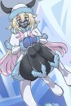  1girl black_horns black_pantyhose blonde_hair blue_background blue_eyes boots coat commentary_request convenient_leg erun_esuki fur-trimmed_boots fur-trimmed_coat fur-trimmed_headwear fur_trim gradient_hair hair_between_eyes highres horns knees_together_feet_apart long_hair mask mittens mouth_mask multicolored_hair pantyhose pink_hair ragna_crimson solo tail taisa_(h68533631) white_boots 