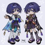  2boys aqua_gem arm_at_side armor arms_at_sides artist_name belt black_belt black_bodysuit black_bow black_bridal_gauntlets black_hair black_kimono black_sandals black_shorts black_sleeves blue_cape blue_kimono blue_sleeves blue_trim blunt_ends bodysuit bow bridal_gauntlets cape choppy_bangs closed_mouth commentary_request dual_persona eyeliner feathers full_body furisode furrowed_brow gem genshin_impact gold gold_ring grey_background grey_pupils hair_intakes hakama hakama_shorts hand_on_own_hip hand_up highres japanese_armor japanese_clothes jewelry juban kimono kote kurokote layered_shorts layered_sleeves leg_warmers light_frown looking_at_viewer makeup mandarin_collar middle_ring mitsudomoe_(shape) multicolored_hair multiple_boys neck_ring nonoji_(nonoji_ekaki) o-ring open_clothes open_hand open_kimono open_mouth pleated_shorts pom_pom_(clothes) purple_eyes purple_hair purple_rope purple_sash purple_shorts purple_sleeves red_eyeliner red_kimono red_sash ringed_eyes rope sandals sash scaramouche_(genshin_impact) shimenawa short_sleeves shorts shoulder_peek side_cape single_sode stirrup_legwear streaked_hair tassel toeless_legwear toes tomoe_(symbol) tsurime wanderer_(genshin_impact) white_hair white_kimono white_leg_warmers white_mouth white_rope white_sleeves yellow_feathers zouri 