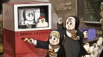  4girls :d absurdres bad_link beret bird blonde_hair blue_eyes brown_eyes brown_hair chalkboard chicken chocolate_chip_cookie clumsy_nun_(diva) cookie diva_(hyxpk) drawing_(object) duck english_commentary food froggy_nun_(diva) hat highres little_nuns_(diva) multiple_girls notepad nun red_hat smile spicy_nun_(diva) strict_nun_(diva) traditional_nun triangle_mouth 