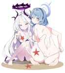  2girls absurdres ahoge ako_(blue_archive) alternate_costume ass back backboob bikini black_halo black_horns blue_archive blue_eyes blue_hair blue_hairband blue_halo blush breasts clenched_teeth commentary demon_girl demon_horns demon_wings double_strap_slip from_behind hair_between_eyes hairband halo highres hina_(blue_archive) horns large_breasts long_hair looking_at_viewer looking_back low_wings multiple_girls multiple_horns nikuya_(nikuniku_nikuya) parted_bangs purple_bikini purple_eyes purple_halo purple_wings simple_background sitting small_breasts starfish strap_pull strap_slip swimsuit tearing_up teeth untied_bikini_top white_background white_bikini white_hair wings 