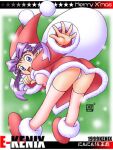  1999 1girl bent_over blue_eyes commentary dress from_behind fur-trimmed_dress fur_trim hat holding holding_sack jester_cap kenix long_bangs looking_back lowres merry_christmas open_mouth original panties pink_shirt pink_thighhighs purple_hair sack santa_costume santa_hat shirt smile thighhighs underwear white_panties 