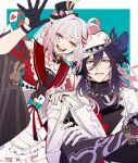  1boy 1girl apron aqua_background argyle_clothes arm_up armlet artist_name ashveil_(honkai:_star_rail) black_choker black_gloves black_hair black_hat black_shirt blunt_bangs border bracelet braid bright_pupils butterfly-shaped_pupils card choker clothing_cutout collarbone colored_inner_hair covered_collarbone cowboy_shot crossed_arms diamond_(shape) diamond_facial_mark earrings facial_mark fingernails floating_hair gloves grey_eyes hand_on_own_hip hand_up hat hat_ornament heart heart_facial_mark highres honkai:_star_rail honkai_(series) jacket japanese_clothes jewelry kimono lapels long_hair long_sleeves looking_at_viewer mini_hat multicolored_hair necklace open_clothes open_jacket open_mouth outside_border pink_hair playing_card red_eyes red_hair red_kimono sailor_collar sakae_0_0 shirt shoulder_cutout sidelocks simple_background single_braid single_earring single_glove skirt smile sparkle_(honkai:_star_rail) sparxie_(honkai:_star_rail) standing streaked_hair symbol-shaped_pupils teeth tongue turtleneck turtleneck_shirt twintails upper_body waist_apron white_apron white_border white_gloves white_hair white_hat white_jacket white_pupils white_skirt wide_sleeves 