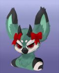 2021 4:5 accessory ambiguous_gender anthro big_ears bow_ribbon digital_media_(artwork) digital_painting_(artwork) giraffid hair_accessory hair_bow hair_ribbon horn inner_ear_fluff looking_at_viewer mammal mighty-whydah neck_tuft okapi painting_(artwork) portrait red_eyes ribbons simple_background smile solo tuft