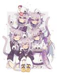  6+girls :3 ahoge animal_collar animal_ear_fluff animal_ears apron barefoot bird birthday black_hoodie cat_ears cat_girl cat_tail closed_eyes collar commentary crossed_bangs fang food glasses hair_ornament happy_birthday highres hololive hood hoodie japanese_clothes k0bo43 long_sleeves looking_at_viewer maid multiple_girls multiple_persona nekomata_okayu nekomata_okayu_(new_year) nekomata_okayu_(oversized_shirt) nekomata_okayu_(school_uniform) on_head one_eye_closed onigiri onigirya_(nekomata_okayu) open_mouth pants purple_eyes purple_hair sailor_collar short_hair smile subaru_duck tail virtual_youtuber wa_maid white_pants 