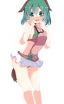  adapted_costume animal_ears aoi_(annbi) bare_legs blush breasts dog_ears dog_tail full-face_blush green_eyes green_hair hands_on_own_face highres kasodani_kyouko looking_at_viewer medium_breasts microskirt revealing_clothes short_hair side_cutout sideboob simple_background skirt solo sweat swimsuit tail touhou wavy_mouth white_background 