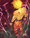  2boys absurdres alien blonde_hair blood blood_on_arm blood_on_back blue_boots boots clenched_hands cloud cloudy_sky colored_skin commentary dragon_ball dragon_ball_z english_commentary final_form_frieza frieza from_behind full_body highres lightning male_focus multiple_boys muscular muscular_male orange_pants outdoors pants qishirenzhenhua saiyan sky son_goku spiked_hair super_saiyan super_saiyan_1 tail topless_male torn_clothes torn_pants white_skin wristband 