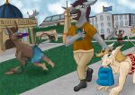 absurd_res all_fours anthro asinus big_nose big_snout black_hair black_tail_tuft blonde_hair blonde_tail_tuft bottomwear brown_body brown_fur brown_hair buckteeth building campus clock clock_tower clothing demi_transformation donkey english_description english_text equid equine feet feral fingers flag fraternity_pledge frisbee frisbee_in_mouth fur fur_growth grass grey_body grey_fur grey_snout group growth hair hawkin headpat hi_res hoof_hands hooved_fingers hooves human human_to_anthro human_to_feral light_body light_skin male mammal mid_transformation nude plant playing playing_sport pleasure_island quad school shirtless_male shorts snout species_transformation sport standing story story_in_description tail tail_growth tail_tuft tan_body tan_skin teeth text transformation transformaytion transformaytion2026 tuft university yellow_tail_tuft
