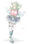  1girl absurdres animal_ear_hairband animal_ears bell black_dress black_garter_straps blush cat_ear_hairband cat_ears commentary_request dress earrings fake_animal_ears frilled_dress frills garter_straps ghost_hair_ornament green_eyes green_hair hair_ornament hairband hairclip heart heart_earrings highres jewelry leg_up looking_at_viewer maid maid_headdress multiple_hairclips neck_bell official_alternate_costume open_mouth pppmepl simple_background solo standing standing_on_one_leg sunna_(afternoon_tea_break)_(zenless_zone_zero) sunna_(zenless_zone_zero) triangle_hair_ornament white_background white_wings wings zenless_zone_zero 