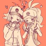  1boy 1girl antenna_hair baseball_cap closed_eyes commentary_request covered_mouth deformed greyscale hat hatching_(texture) heart highres hilbert_(pokemon) hilda_(pokemon) holding holding_poke_ball jacket kiss kissing_object linear_hatching long_hair long_sidelocks long_sleeves medium_hair monochrome multiple_wristbands orange_background poke_ball poke_ball_(basic) poke_ball_print pokemon pokemon_black_and_white shirt side_ponytail sidelocks simple_background sleeveless sleeveless_shirt upper_body vest yuimeroco 