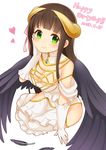  albedo albedo_(cosplay) bare_shoulders black_wings breasts brown_hair cleavage cosplay dated demon_horns dress feathers gloves gochuumon_wa_usagi_desu_ka? green_eyes hair_ribbon hand_on_own_cheek happy_birthday heart hime_cut horns long_hair looking_at_viewer medium_breasts overlord_(maruyama) ribbon simple_background sitting smile solo typo ug_(nekonekodou) ujimatsu_chiya white_background white_dress white_gloves wings 