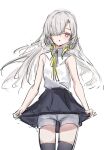  1girl absurdres armpit_crease black_skirt black_thighhighs blonde_hair bow bowtie clothes_lift collared_shirt grey_hair hair_over_one_eye highres huyuhnyuken isekaijoucho kamitsubaki_studio lifting_own_clothes long_hair looking_at_viewer one_eye_covered pleated_skirt red_eyes shirt shorts shorts_under_skirt side_part skirt skirt_lift sleeveless sleeveless_shirt solo star-shaped_pupils star_(symbol) symbol-shaped_pupils thighhighs white_shorts yellow_bow yellow_bowtie 