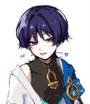  1boy :p anemo_symbol_(genshin_impact) black_bodysuit blue_cape blue_gem blue_kimono blunt_ends bodysuit cape choppy_bangs commentary_request covered_collarbone eyeliner gem genshin_impact hair_intakes haru_sakura3915 heart highres japanese_clothes juban kimono makeup male_focus mandarin_collar open_clothes open_kimono pom_pom_(clothes) portrait purple_eyes purple_hair red_eyeliner scaramouche_(genshin_impact) shoulder_peek side_cape sketch solo tongue tongue_out twitter_username wanderer_(genshin_impact) white_background white_kimono white_sleeves 