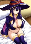  1girl black_collar black_hat breasts closed_mouth collar commentary hat hellandheaven highres large_breasts long_hair multicolored_hair on_bed panties pink_hair purple_hair red_eyes sentai_red_isekai_de_boukensha_ni_naru solo two-tone_hair underwear yihdra_arvoln 