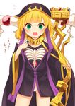  ainz_ooal_gown ainz_ooal_gown_(cosplay) blonde_hair cape cosplay flying_sweatdrops gochuumon_wa_usagi_desu_ka? green_eyes hand_on_own_chest hood jewelry kirima_sharo looking_at_viewer no_pants open_mouth overlord_(maruyama) panties panty_peek ring short_hair simple_background solo ug_(nekonekodou) underwear wavy_mouth white_background white_legwear wide_sleeves 