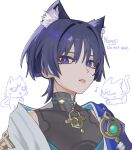  1boy :p animal_ear_fluff animal_ears animal_print aqua_gem artist_name black_bodysuit black_hair blue_cape blue_kimono blunt_ends bodysuit cape cat_ears cat_print choppy_bangs colored_inner_hair commentary_request covered_collarbone eyeliner gem genshin_impact gold grey_pupils highres japanese_clothes juban kimono looking_at_viewer makeup male_focus mandarin_collar multicolored_hair musical_note nonoji_(nonoji_ekaki) open_clothes open_kimono pom_pom_(clothes) portrait purple_eyes purple_hair red_eyeliner scaramouche_(cat)_(genshin_impact) scaramouche_(genshin_impact) shoulder_peek side_cape solo streaked_hair tongue tongue_out tsurime wanderer_(genshin_impact) white_background white_kimono 