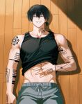  1boy arm_tattoo black_hair black_tank_top closed_eyes clothes_lift grey_pants highres hyohls2_(hamao3o) lying male_focus midriff nagumo_(sakamoto_days) navel neck_tattoo open_clothes open_shirt pants sakamoto_days shirt_lift short_hair short_hair_with_long_locks smile solo stomach tank_top tattoo teeth 