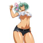  1girl ahoge belt black_belt blush breasts closed_mouth cowboy_shot crop_top crop_top_overhang dark-skinned_female dark_skin denim denim_shorts fanning_self game_asset green_eyes green_hair groin hand_fan hand_on_own_hip hand_up head_tilt holding holding_fan ikkitousen ikkitousen_extra_burst large_breasts light_smile looking_at_viewer navel non-web_source off_shoulder official_art paper_fan ryofu_housen_(ikkitousen) self-datamine shirt short_hair short_sleeves short_twintails shorts simple_background solo stomach torn_clothes torn_shirt torn_shorts transparent_background twintails uchiwa underboob variant_set white_shirt 