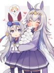  animal_ears blue_hairband bow bowtie chipmunk commentary_request ear_covers ear_ornament eating glutton grey_tail hairband headband highres horse_ears horse_girl horse_tail horseshoe_ornament k0bo43 multicolored_hairband oguri_cap_(umamusume) pleated_skirt purple_bow purple_bowtie purple_sailor_collar purple_serafuku purple_shirt purple_skirt sailor_collar sailor_shirt school_uniform serafuku shirt skirt squirrel striped_clothes striped_hairband tail tamamo_cross_(umamusume) tracen_school_uniform two-tone_hairband umamusume white_bow white_bowtie winter_uniform 