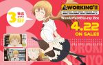  1girl ^_^ anime_coloring anime_screenshot_inset apron black_bow black_bowtie black_shoes black_skirt black_socks blonde_hair blush bow bowtie character_name closed_eyes closed_mouth collared_shirt commentary_request company_name copyright_name dated dot_nose dutch_angle facing_viewer feet_out_of_frame from_above from_side holding holding_tray katana long_hair looking_to_the_side looking_up official_art red_background screenshot_inset shirt shoes short_sleeves skirt smile socks speech_bubble sword todoroki_yachiyo tray wagnaria_uniform waitress weapon white_shirt working!! yellow_apron 