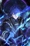  1boy absurdres black_capelet black_coat blue_fire blue_gloves blue_hair blue_shirt capelet coat collared_shirt commentary cowboy_shot crossed_bangs daymera double-parted_bangs electricity fire flins_(genshin_impact) genshin_impact gloves glowing glowing_eye gradient_hair hair_between_eyes highres lapels long_sleeves male_focus multicolored_hair outstretched_arm reaching reaching_towards_viewer shirt solo upper_body wing_collar 