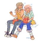  2girls bag black_shoes blue_pants blue_shirt blush box burger character_doll denim despicable_me doll eating food full_body grey_hair hair_between_eyes happy_meal holding holding_burger holding_food holding_toy honkai:_star_rail honkai_(series) jeans jewelry long_hair looking_at_another looking_down loose_socks march_7th_(honkai:_star_rail) mcdonald's minion_(despicable_me) multiple_girls necklace pants pink_hair shirt shoes short_sleeves sitting sleeveless sleeveless_shirt smile socks stelle_(honkai:_star_rail) teeth toy trailblazer_(honkai:_star_rail) twitter_username umilini2 white_socks yellow_bag yellow_shirt yellow_shoes 