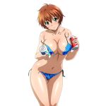  1girl bikini blue_bikini blush breasts brown_hair can chinkyuu_koudai cleavage closed_mouth collarbone drink_can embarrassed feet_out_of_frame front-tie_bikini_top front-tie_top game_asset green_eyes head_tilt holding holding_can ikkitousen ikkitousen_extra_burst incoming_drink large_breasts looking_at_viewer navel non-web_source official_art self-datamine short_hair side-tie_bikini_bottom simple_background solo string_bikini swimsuit torn_bikini torn_clothes transparent_background variant_set wet 