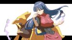  1girl adapted_costume black_bodysuit black_hair bodysuit bodysuit_under_clothes commentary_request eyelashes floating_hair hand_up highres kadabra long_hair looking_to_the_side mukimuki_(lookdeepsea) orange_eyes poke_ball poke_ball_(basic) pokemon pokemon:_let's_go_pikachu!_and_let's_go_eevee! pokemon_(creature) pokemon_firered_and_leafgreen red_vest sabrina_(pokemon) skirt smile spoon vest white_background 