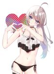  1girl ahoge bikini blue_eyes blush breasts closed_mouth collarbone commentary_request elaina_(majo_no_tabitabi) four-finger_heart_hands gradient_hair hair_between_eyes heart heart_hands highres long_hair looking_at_viewer majo_no_tabitabi multicolored_hair navel side-tie_bikini_bottom simple_background small_breasts solo stomach swimsuit twkressu52kt3xn white_background white_bikini 
