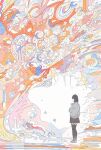  1girl abstract absurdres black_hair black_skirt black_thighhighs commentary flat_color full_body grey_jacket hato_(n_hat_mu) highres jacket ligne_claire long_sleeves medium_hair original pleated_skirt shoes skirt solo standing thighhighs wide_shot 