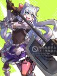  1boy :d androgynous armor axe black_gloves black_leggings black_shirt blue_eyes blue_hair commentary_request cone_hair_bun covered_navel crossdressing crossdressing_(mtf) drill_hair fire_emblem fire_emblem_engage folded_twintails garter_straps gloves hair_bun hair_horns holding holding_axe knee_guards leggings long_hair looking_at_viewer male_focus momongame_17 multicolored_hair open_mouth pink_hair pink_thighhighs purple_skirt quad_drills rosado_(fire_emblem) shirt shoulder_armor skirt smile solo teeth thighhighs thighs trap twitter_username upper_teeth_only 