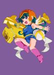  1girl :d armor armpits belt bikkuriman blue_eyes blue_one-piece_swimsuit boots bracelet breasts bright_pupils commentary_request cross cross_angel deformed feathered_wings from_below from_side full_body green_hair hair_between_eyes helmet high_heel_boots high_heels highres holding holding_cross holding_weapon jewelry knee_boots knee_up large_breasts long_hair midair name_tag old_school_swimsuit one-piece_swimsuit one_eye_closed open_hand open_mouth orange_helmet outstretched_arm over_shoulder pink_boots purple_background school_swimsuit scope shoulder_armor showgirl_skirt simple_background skirt smile solo swimsuit very_long_hair watanabe_akio weapon weapon_over_shoulder white_pupils white_skirt white_wings wings yellow_belt 