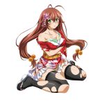  1girl :o antenna_hair arms_under_breasts black_thighhighs breasts brown_hair cleavage collarbone crossed_arms embarrassed floral_print floral_print_kimono full_body game_asset glasses green_eyes hair_between_eyes hair_bobbles hair_ornament ikkitousen ikkitousen_extra_burst japanese_clothes kanzashi kimono large_breasts long_hair looking_at_viewer low-tied_long_hair low_twintails non-web_source obi official_art parted_lips print_kimono print_sash red_kimono ryuubi_gentoku_(ikkitousen) sandals sash self-datamine simple_background single_bare_shoulder single_off_shoulder sitting solo thighhighs torn_clothes torn_kimono torn_thighhighs transparent_background tsumami_kanzashi twintails variant_set wariza white_sandals yellow_sash 