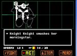  armor big_breasts breasts cleavage clothed clothing english_text female horn kneeling knight knight_knight monster multiple_eyes shamelesss smile solo steam_train text undertale video_games weapon 