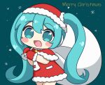  1girl :d blue_eyes blue_hair blush_stickers capelet chibi chibi_only christmas commentary_request cowboy_shot double-parted_bangs dress fur-trimmed_capelet fur-trimmed_dress fur-trimmed_gloves fur-trimmed_headwear fur_trim gloves green_background hair_between_eyes hat hatsune_miku highres holding holding_sack long_hair looking_at_viewer merry_christmas necktie nukotun open_mouth red_capelet red_dress red_gloves red_hat sack santa_costume santa_dress santa_hat smile solo tie_clip twintails very_long_hair vocaloid white_necktie 