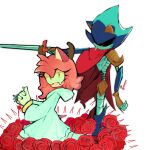  1boy 1girl amy_rose animal_ears cape cloak cosplay flower furry furry_female highres humanoid_robot kneeling kris_(dark_world)_(deltarune) kris_(dark_world)_(deltarune)_(cosplay) kris_(deltarune) kris_(deltarune)_(cosplay) metal_sonic noelle_holiday noelle_holiday_(cosplay) noelle_holiday_(dark_world) noelle_holiday_(dark_world)_(cosplay) nrmtyurii pink_fur red_flower red_rose robot rose sonic_(series) sword tearing_up weapon white_background white_cloak 