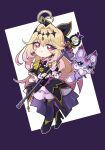  1girl :d animal_ear_fluff animal_ears antenna_hair black_bow black_bowtie black_capelet black_dress black_shoes black_thighhighs blonde_hair blush blush_stickers border bow bowtie braid brooch capelet chest_fur closed_mouth commentary creature crossed_bangs crossed_legs cure_arcana_shadow deformed diamond_hairband dress earrings fairy fluffy_tail forehead_jewel frilled_capelet frills full_body gem gold_trim gradient_hair green_eyes hair_between_eyes hair_bow hair_intakes hairband half_up_braid heart heart-shaped_blush_stickers heart_brooch heart_in_eye high_heels highres holding holding_staff jewelry long_hair looking_at_viewer magical_girl mashu-tan medium_dress meitantei_precure! moegi_itsukashi moria_luluka multicolored_hair open_mouth outline outside_border pink_eyes pink_hair precure purple_border purple_fur purple_gem purple_veil shoes simple_background sleeveless sleeveless_dress smile staff standing symbol_in_eye tail tear_arcana_rod thick_eyebrows thighhighs tilted_border two-tone_hair veil very_long_hair watermark white_background white_outline white_wrist_cuffs wrist_cuffs zettai_ryouiki 