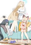 3girls absurdly_long_hair absurdres anger_vein animal_ears artist_name asuna_(blue_archive) barefoot black_hair blonde_hair blue_archive blue_eyes blue_halo book bra_strap breasts brown_halo cat chinese_commentary commentary_request controller couch dress drying drying_hair fake_animal_ears game_controller hair_dryer hairband halo helic_(7317helic) highres holding holding_controller holding_game_controller holding_hair_dryer knees_up large_breasts long_hair medium_hair momoi_(blue_archive) multiple_girls naked_towel open_book pajamas peroro_(blue_archive) pillow pink_eyes pink_halo pink_pajamas pink_shirt pink_shorts playing_games playing_video_games purple_hairband rug shirt shorts simple_background sitting slippers speech_bubble spoken_squiggle squiggle stuffed_toy thought_bubble towel towel_on_head ui_(blue_archive) unworn_slippers very_long_hair white_background white_dress 
