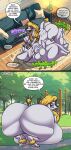 after_vore anthro belly big_belly big_butt blonde_hair butt canid canine canis comic domestic_dog english_text female female_prey feral furniture group hair hi_res huge_belly huge_butt jessicarae mammal overweight sofa speech_bubble tail text thick_thighs trio vore weight_gain white_body