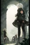  1boy 2b_(nier:automata) 2girls 9s_(nier:automata) a2_(nier:automata) arch arms_at_sides back_cutout black_boots black_dress black_gloves black_hairband black_jacket black_shirt black_shorts black_socks black_thighhighs blindfold boots bush clothing_cutout commentary covered_eyes crossed_arms day dress elbow_gloves english_commentary feather-trimmed_sleeves from_behind full_body gloves grass grey_hair hairband high_heel_boots high_heels highres jacket juliet_sleeves kneehighs long_hair long_sleeves looking_afar mitsuki_nite multiple_girls nier:automata nier_(series) overgrown pillarboxed puffy_sleeves rock shirt short_hair shorts sitting socks standing thigh_boots thighhighs thighhighs_under_boots tree water 