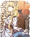  1girl black_eyes blonde_hair brick_wall brown_eyes closed_mouth commentary_request dress hair_ornament heterochromia highres holding_own_dress jewelry long_hair looking_at_viewer monogatari_(series) necklace oshino_shinobu princess_acerola tsukihi_shida wazamonogatari white_dress 