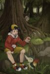  1boy :d backwards_hat black_hair commentary_request cyndaquil ethan_(pokemon) furret grass hand_up hat highres holding holding_poke_ball jacket kmusy_mp4 knees long_sleeves male_focus open_mouth outdoors poke_ball poke_ball_(basic) pokemon pokemon_(creature) pokemon_gold/silver/crystal red_jacket red_shoes shoes short_hair shorts sitting smile tree yellow_shorts 