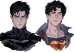  2boys batman batman_(series) batman_symbol black_cape black_hair blue_eyes blue_shirt bruce_wayne cape clark_kent clark_kent_(civilian) closed_mouth collarbone collared_shirt commentary cropped_shoulders dc_comics glasses grey_shirt highres looking_at_viewer male_focus marbunniie multiple_boys necktie open_clothes open_shirt portrait red_necktie shirt short_hair simple_background superhero_costume superman superman_(series) superman_logo thick_eyebrows undone_necktie wavy_hair white_background 