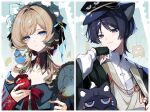  1boy 1girl alternate_costume animal_ear_fluff animal_ears animal_on_shoulder animalization apple bare_shoulders bird bird_on_shoulder bishounen bitten_apple black_bow black_cat black_hair black_hanfu black_hat black_shirt black_sleeves blue_bird blue_eyes blue_pupils blunt_ends bonnet border bow bowtie broken_mirror brooch brown_hair c_ixxp cat cat_boy cat_ears chinese_clothes choppy_bangs closed_mouth collarbone collared_dress contrast_collar detached_collar dress eyelashes eyeliner fingerless_gloves fingernails folding_fan food food_bite formal_clothes fruit gem genshin_impact glint gloves hair_bow hair_intakes hand_fan hand_mirror hanfu hat highres holding holding_fan holding_food holding_fruit holding_mirror jewelry key key_hair_ornament layered_sleeves long_sidelocks looking_at_animal makeup mandarin_collar mirror musical_note off-shoulder_dress off_shoulder parted_bangs parted_lips peaked_cap person_and_animalization portrait purple_eyes red_bow red_bowtie red_eyeliner red_gem red_ribbon red_sleeves ribbon ring sandrone_(genshin_impact) scaramouche_(cat)_(genshin_impact) scaramouche_(genshin_impact) shirt short_hair short_hair_with_long_locks sidelocks sleeves_past_wrists smile split_screen spoken_musical_note swept_bangs thorns tilted_headwear tsurime undershirt white_bonnet white_border white_dress white_hanfu white_shirt white_sleeves winding_key 