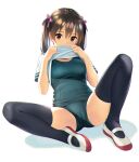  1girl black_sailor_collar black_thighhighs blush bow breasts brown_hair cameltoe clothes_lift commentary_request covered_mouth covered_navel full_body grey_eyes hair_between_eyes hair_bow koutaro lifting_own_clothes looking_at_viewer medium_breasts no_pants nose_blush old_school_swimsuit one-piece_swimsuit original pink_bow revision sailor_collar school_swimsuit school_uniform serafuku serasuku shadow shirt_lift shoes short_sleeves simple_background solo spread_legs swimsuit swimsuit_under_clothes thighhighs twintails twitter_username uwabaki white_background white_shoes 
