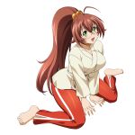  1girl :d antenna_hair barefoot between_legs breasts brown_hair collarbone double-parted_bangs full_body game_asset glasses green_eyes hair_bobbles hair_ornament hand_between_own_legs high_ponytail ikkitousen ikkitousen_extra_burst japanese_clothes kimono large_breasts long_hair long_sleeves looking_at_viewer non-web_source official_art open_mouth pants ponytail red_pants ryuubi_gentoku_(ikkitousen) self-datamine simple_background sitting smile solo transparent_background variant_set very_long_hair wariza white_kimono 