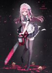  1girl anniversary apron black_background black_dress black_shoes black_thighhighs blood blood_on_ground blood_on_weapon blue_ribbon blush breasts chainsaw cleavage collared_dress commentary contrast_collar dated double-parted_bangs dress english_text frilled_apron frills full_body grey_eyes hair_between_eyes hair_intakes highres holding holding_chainsaw leg_up loafers long_hair maid maid_apron maid_headdress medium_breasts open_mouth original partially_unbuttoned petticoat pink_hair pleated_skirt puffy_short_sleeves puffy_sleeves ribbon rubber_duck shoes short_sleeves sidelocks skirt smile solo tareme thighhighs untranslatable_commentary weapon white_apron youichi_(45_01) zettai_ryouiki 