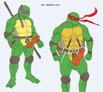  2015 2_toes 3_fingers anthro balls bandanna belt biceps cromofox_(artist) donatello_(tmnt) duo erection fist green_skin looking_at_viewer male melee_weapon muscular muscular_male nude pads penis polearm raphael_(tmnt) reptile sai scalie shell simple_background staff standing teenage_mutant_ninja_turtles toes turtle weapon white_background 